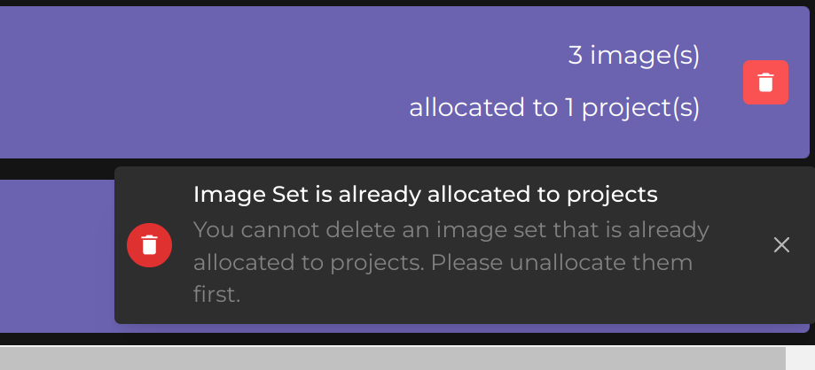 Deleting an Image Set from Registry Image Warning sign